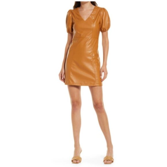 NWOT NSR Sammy Faux Leather Short Puff Sleeve Minidress In Camel Size Medium - Picture 2 of 13